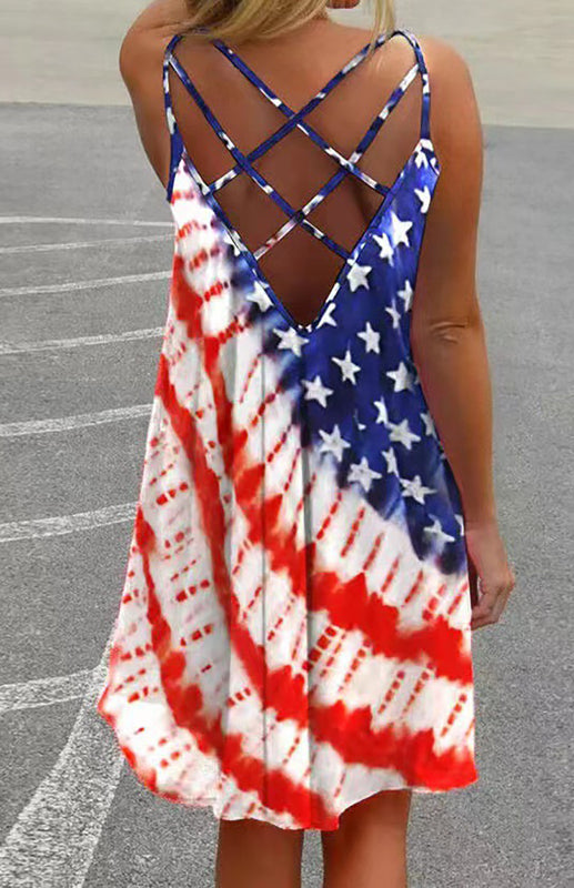 Women's Independence Day American Flag Print Sling Dress