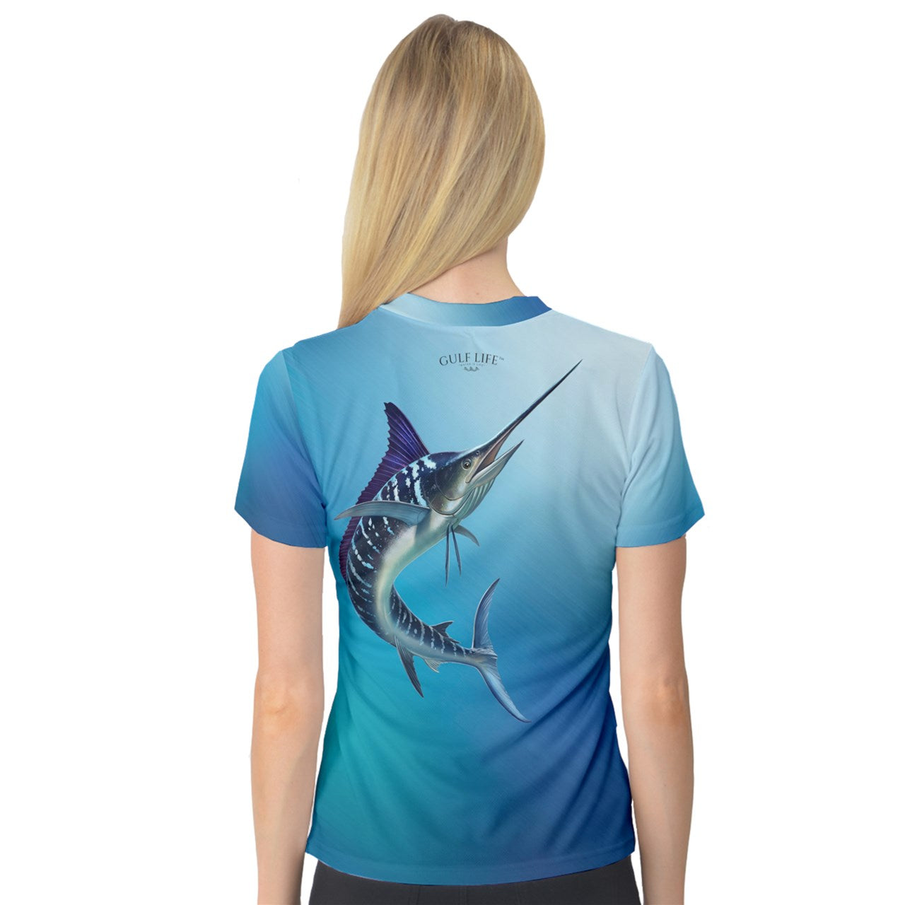 Aqua Life™ Aqua~Blue~Fade Ladies V-Neck Quick Dry Sport Shirt ~ Choose Your Design!