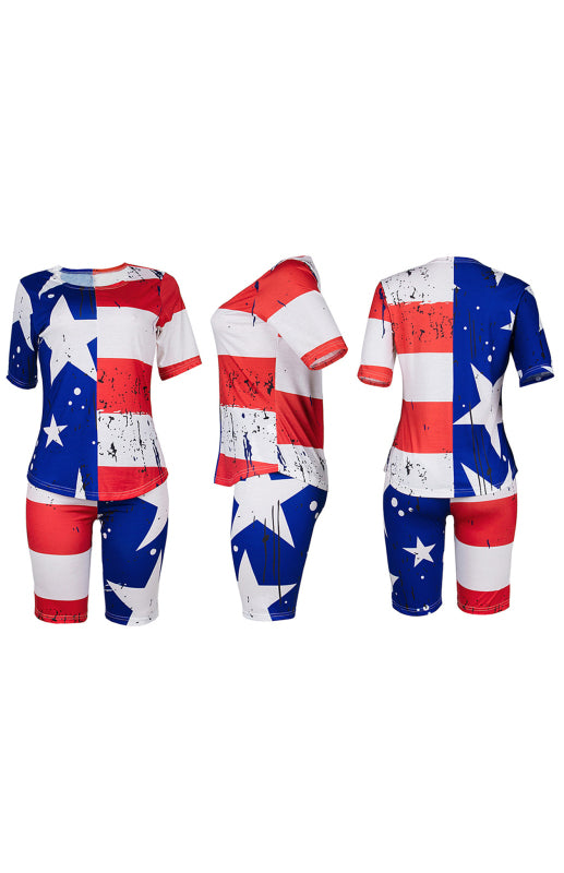 Women's Independence Day Flag Print Two Piece Cotton Fabric Suit