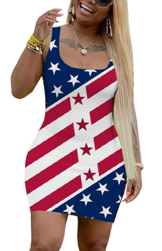 Women's Independence Day Flag Slim Fit Print Dress