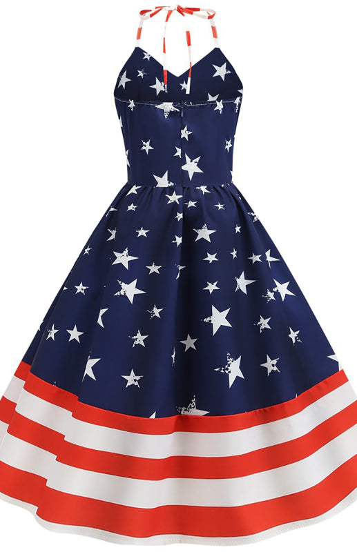 Women's Halter Neck Wrap Stars Stripe Print Swing Dress