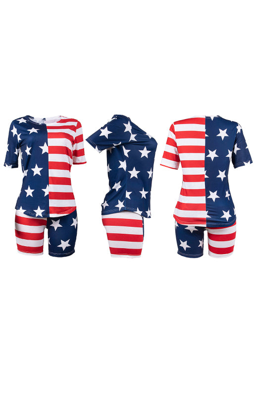 Women's Independence Day Flag Print Two Piece Cotton Fabric Suit