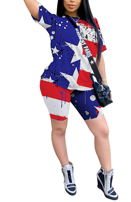 Women's Independence Day Flag Print Two Piece Cotton Fabric Suit