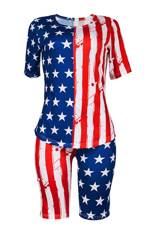 Women's Independence Day Flag Print Two Piece Cotton Fabric Suit