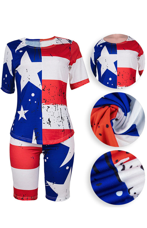 Women's Independence Day Flag Print Two Piece Cotton Fabric Suit