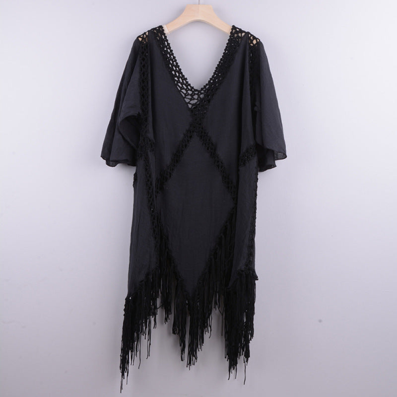 Women's Solid Color Embroidered Cotton Fringe Slit Cover-up Dress