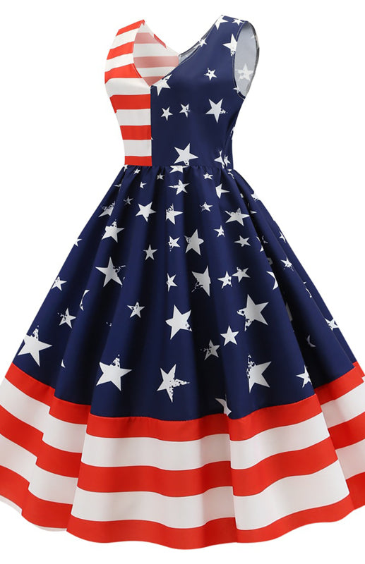 Women's V-Neck Sleeveless Striped Star Print Swing Dress