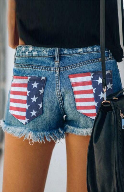 Women's American Flag Pocket Distressed Raw Hem Denim Shorts