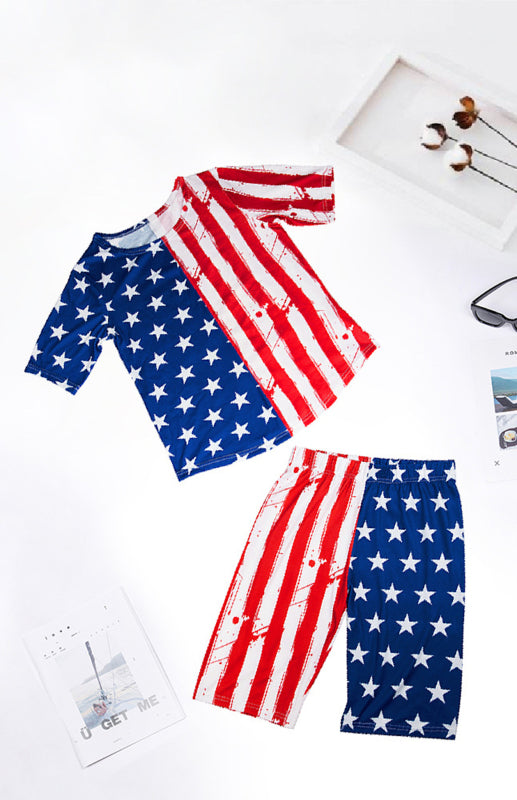 Women's Independence Day Flag Print Two Piece Cotton Fabric Suit