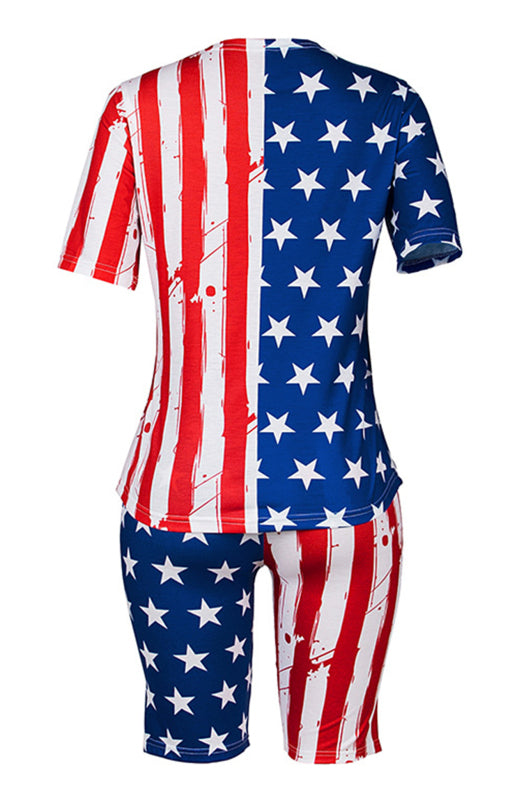 Women's Independence Day Flag Print Two Piece Cotton Fabric Suit