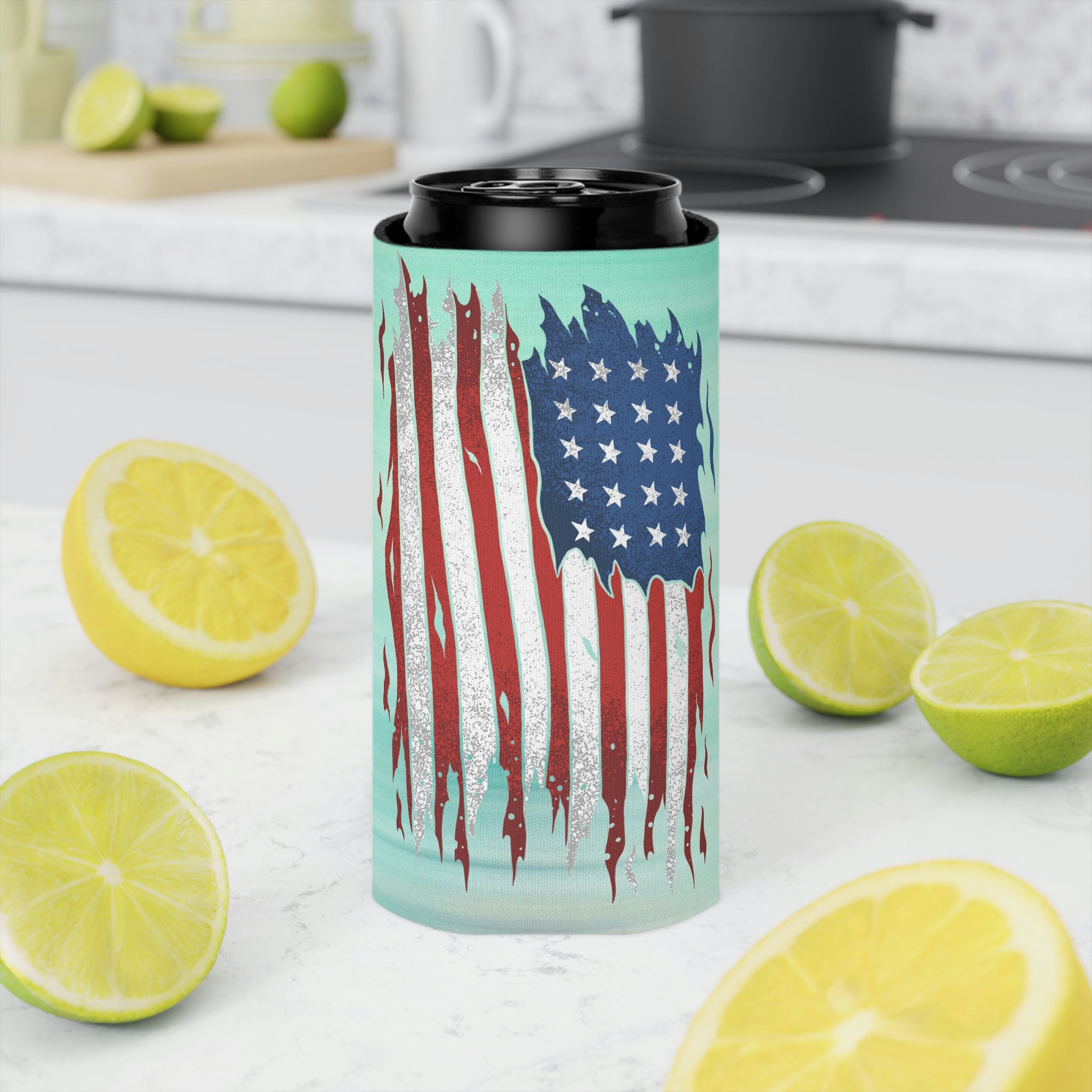 Aqua Life™ ~ Patriotic Series ~ Weathered USA Flag ~ Slim & Regular Can Koozie