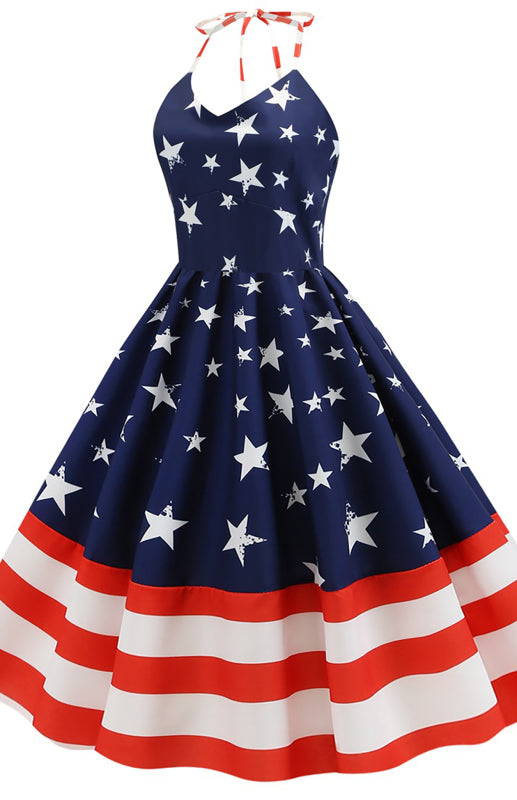 Women's Halter Neck Wrap Stars Stripe Print Swing Dress