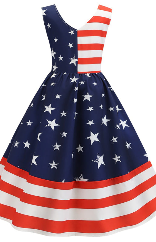 Women's V-Neck Sleeveless Striped Star Print Swing Dress