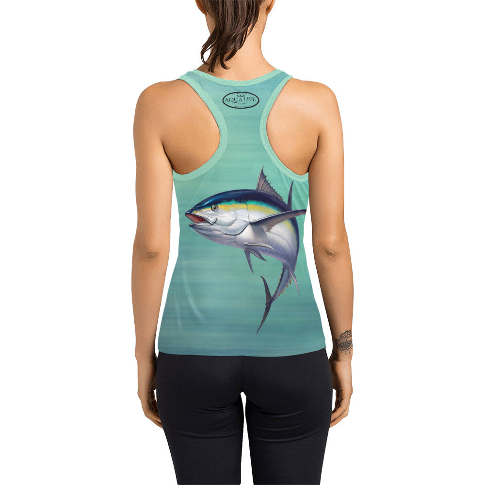 Ladies Racer-Back Performance Tee ~ Blackfin Tuna on Emerald Wash