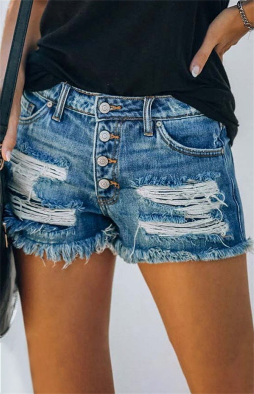 Women's American Flag Pocket Distressed Raw Hem Denim Shorts