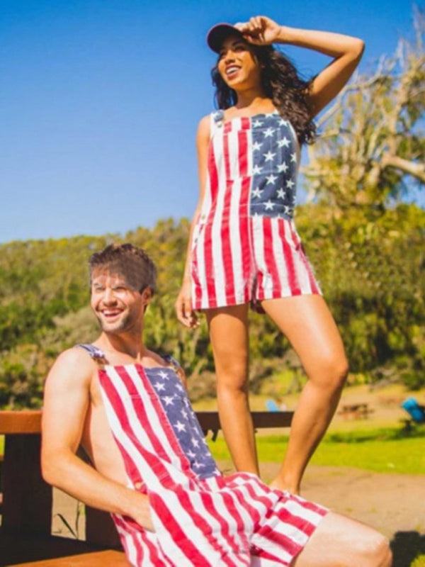 Unisex American Flag Graphic Print Denim Overall Shirt Jeans