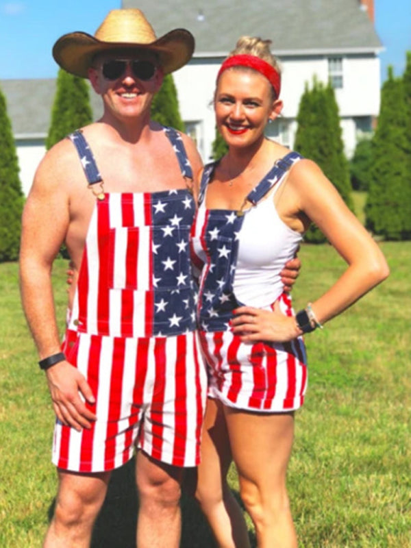 Unisex American Flag Graphic Print Denim Overall Shirt Jeans