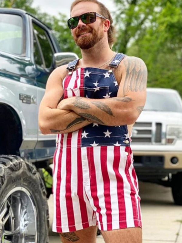 Unisex American Flag Graphic Print Denim Overall Shirt Jeans