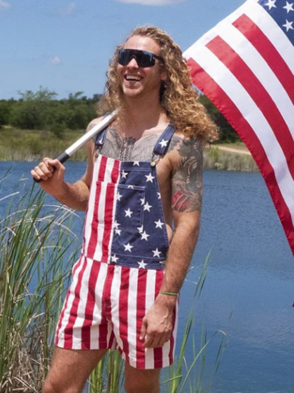 Unisex American Flag Graphic Print Denim Overall Shirt Jeans