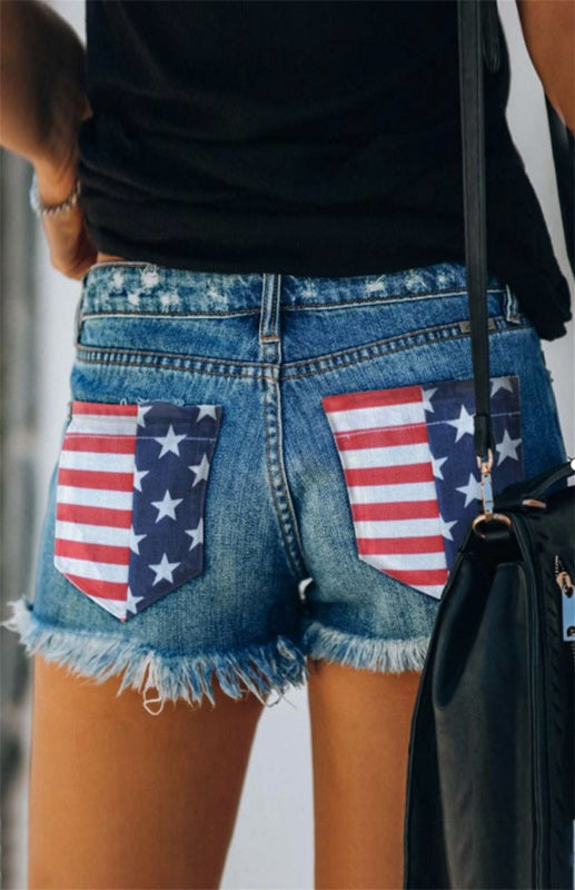 Women's American Flag Pocket Distressed Raw Hem Denim Shorts