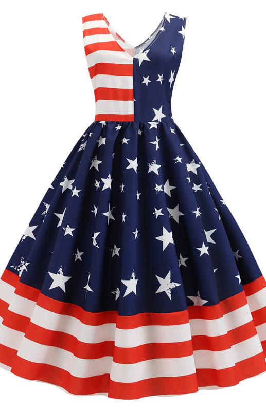 Women's V-Neck Sleeveless Striped Star Print Swing Dress