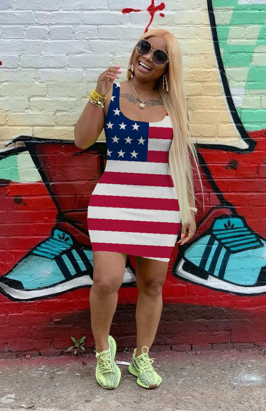 Women's Independence Day Flag Slim Fit Print Dress