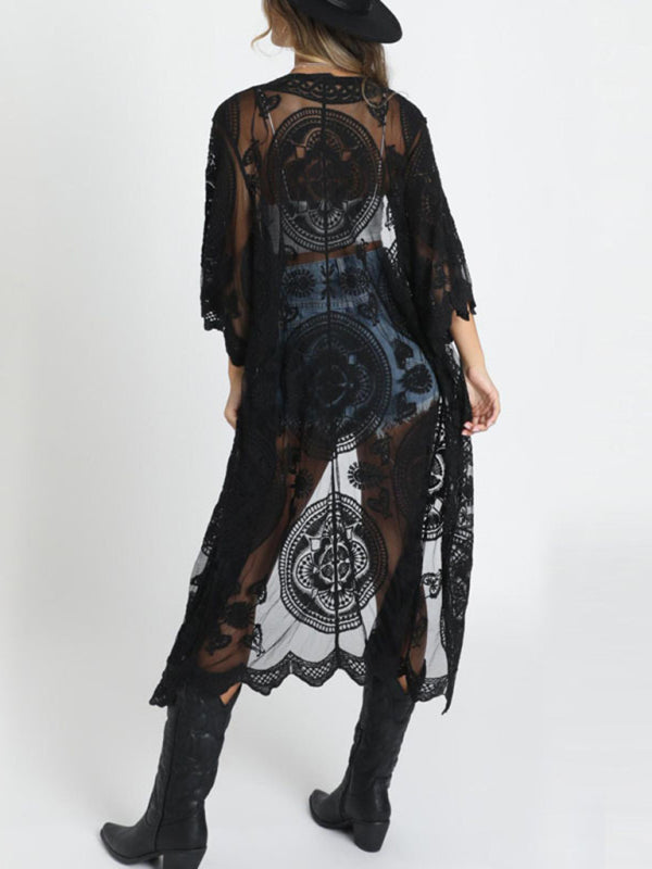 Embroidered lace bikini and mesh cardigan beach cover-up