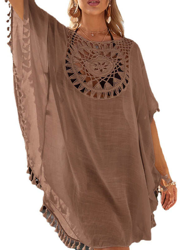 Sexy off-shoulder hollow loose tassel bikini with ins wind and beach blouse