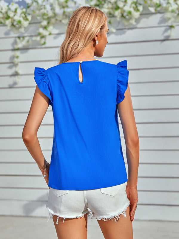 Women's Solid Color Mixed Lace Trim Ruffle Sleeve Top