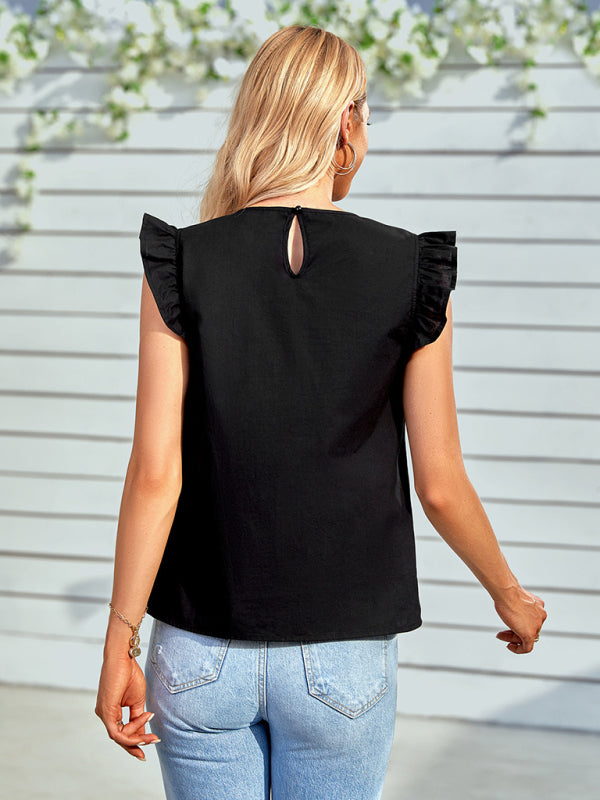 Women's Solid Color Mixed Lace Trim Ruffle Sleeve Top