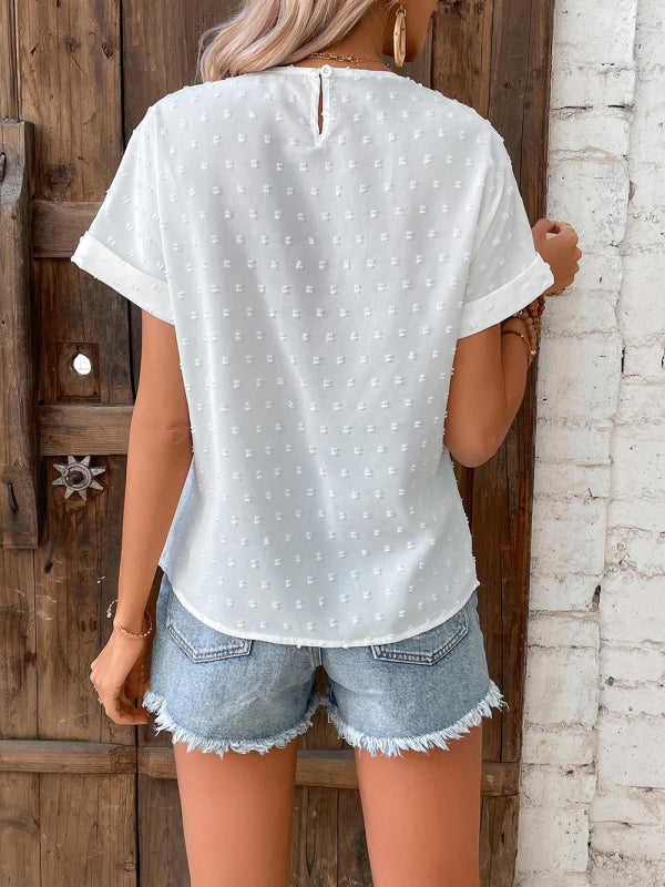 Women's Lace Ruffled-neck Short Sleeve Top