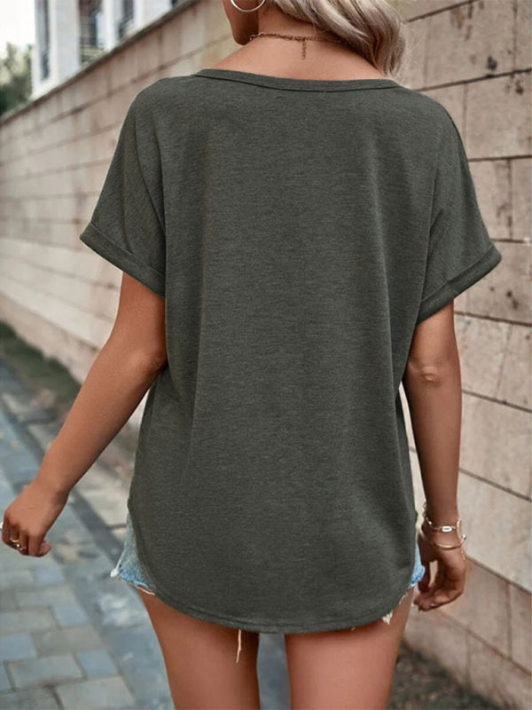 Women's Knitted Casual V-Neck Button Short Sleeve Top