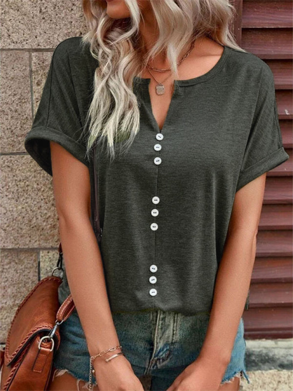 Women's Knitted Casual V-Neck Button Short Sleeve Top