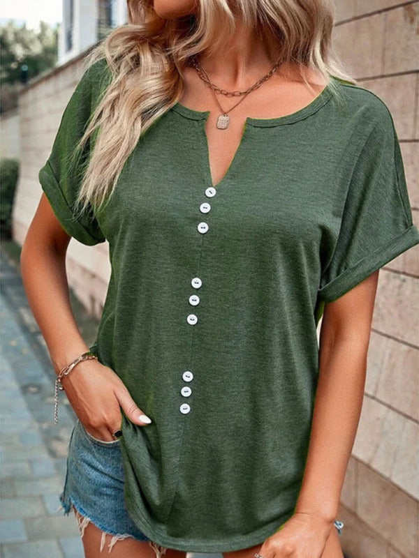 Women's Knitted Casual V-Neck Button Short Sleeve Top