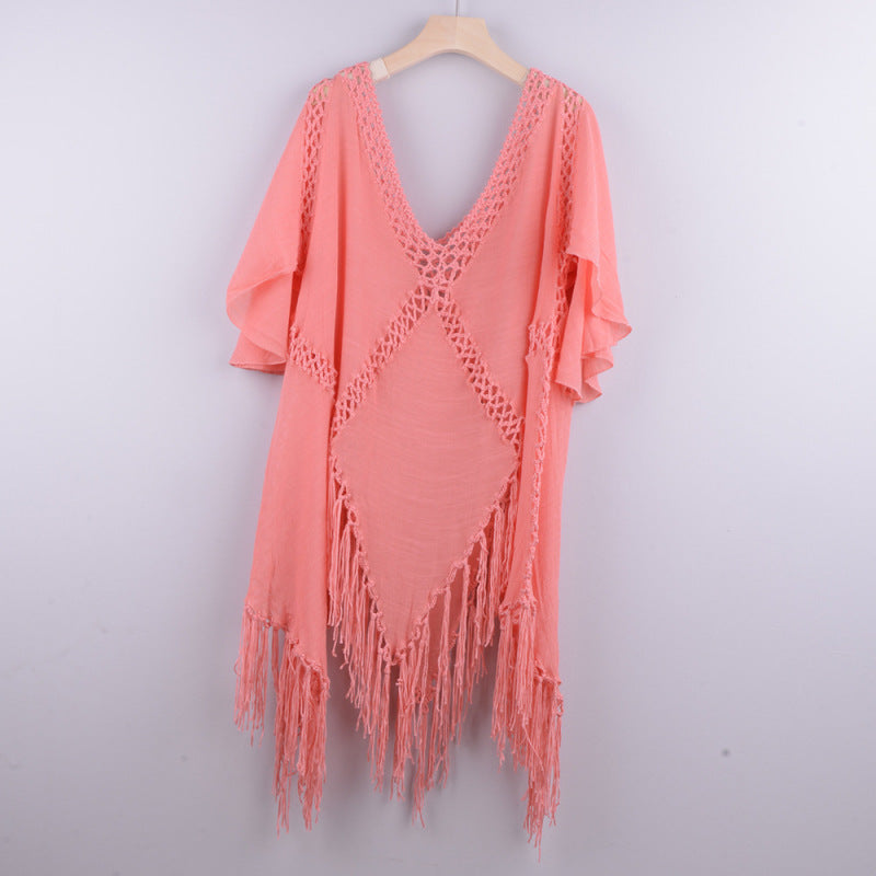 Women's Solid Color Embroidered Cotton Fringe Slit Cover-up Dress